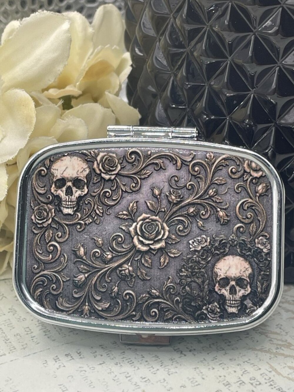 Skull Gothic Rose Pill Box Organizer Medicine Mints Case 2 Compartment Travel